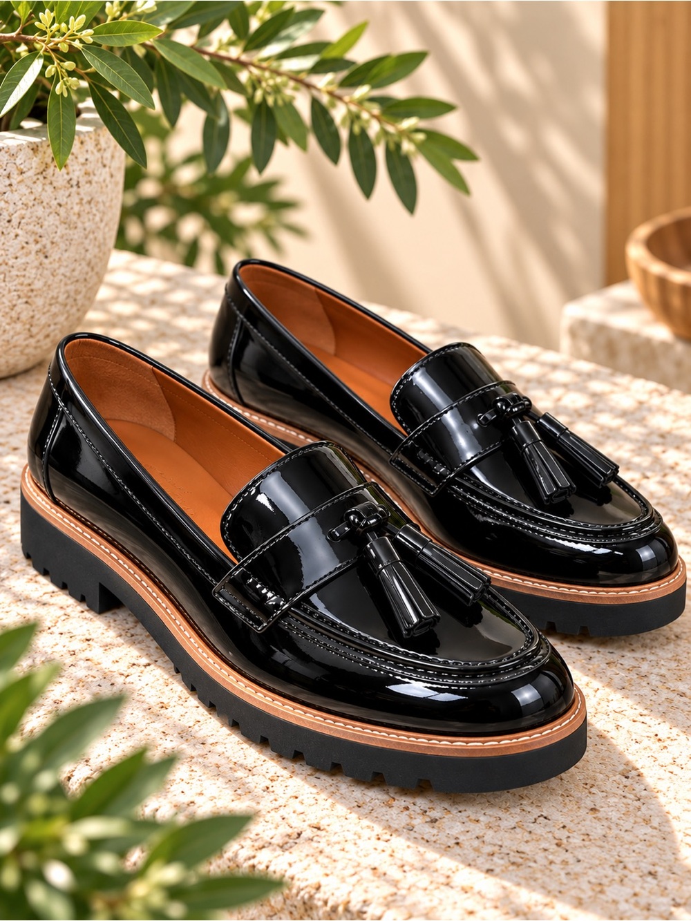 Franco Sarto Carolynn Black Patent Tassel Lug Sole Loafers Women’s 9.5 NWOB #20
